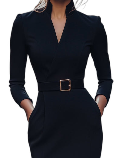 Elegant Navy Midi Dress for Women with V Neck Long Sleeve Bodycon Belted Pockets Office Style