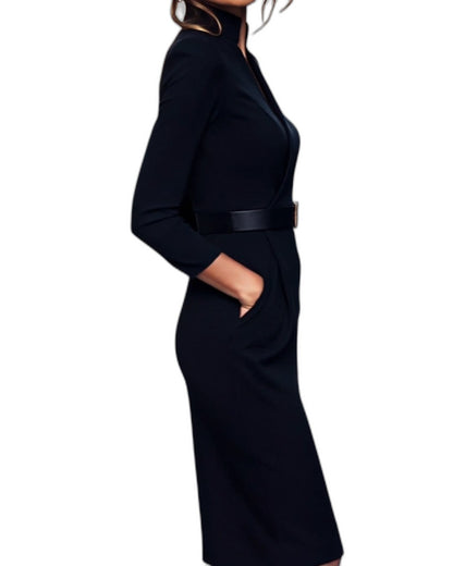 Elegant Navy Midi Dress for Women with V Neck Long Sleeve Bodycon Belted Pockets Office Style