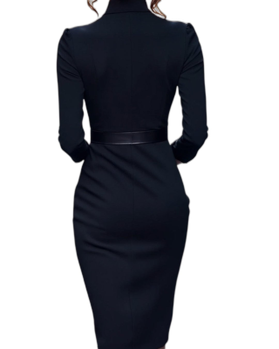 Elegant Navy Midi Dress for Women with V Neck Long Sleeve Bodycon Belted Pockets Office Style
