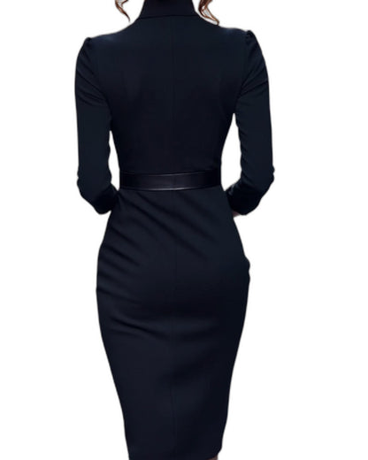 Elegant Navy Midi Dress for Women with V Neck Long Sleeve Bodycon Belted Pockets Office Style