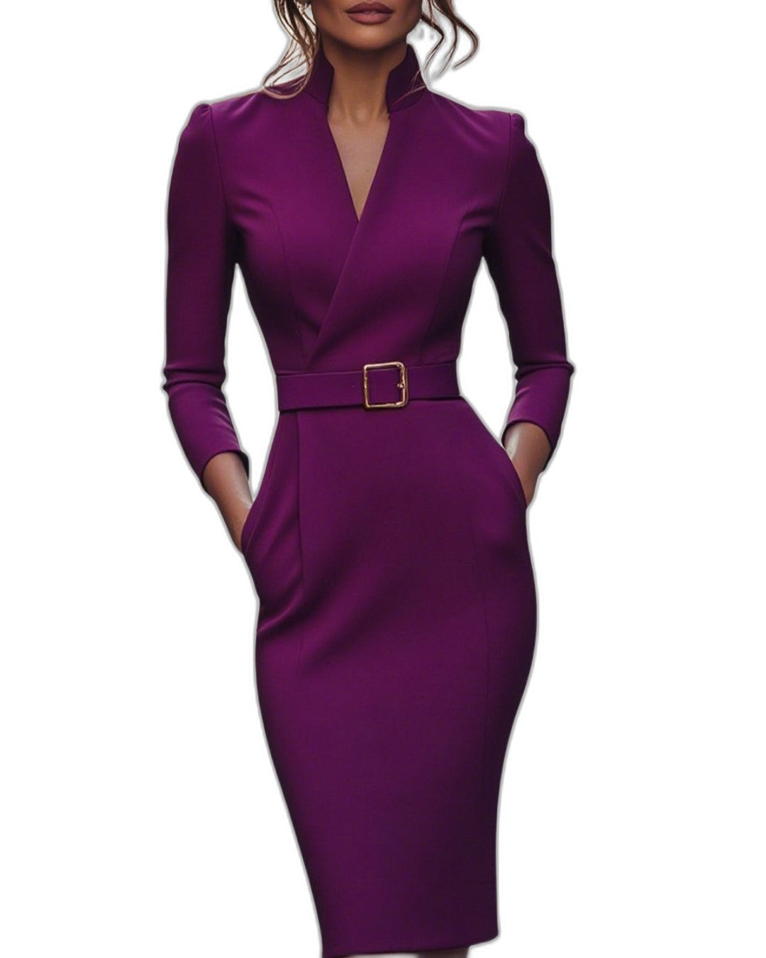 Elegant Navy Midi Dress for Women with V Neck Long Sleeve Bodycon Belted Pockets Office Style