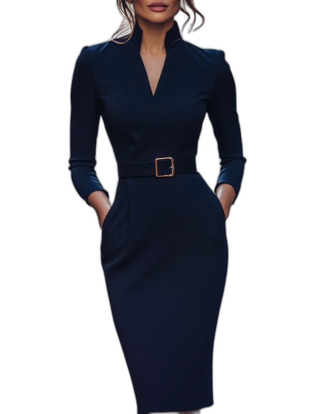 Elegant Navy Midi Dress for Women with V Neck Long Sleeve Bodycon Belted Pockets Office Style
