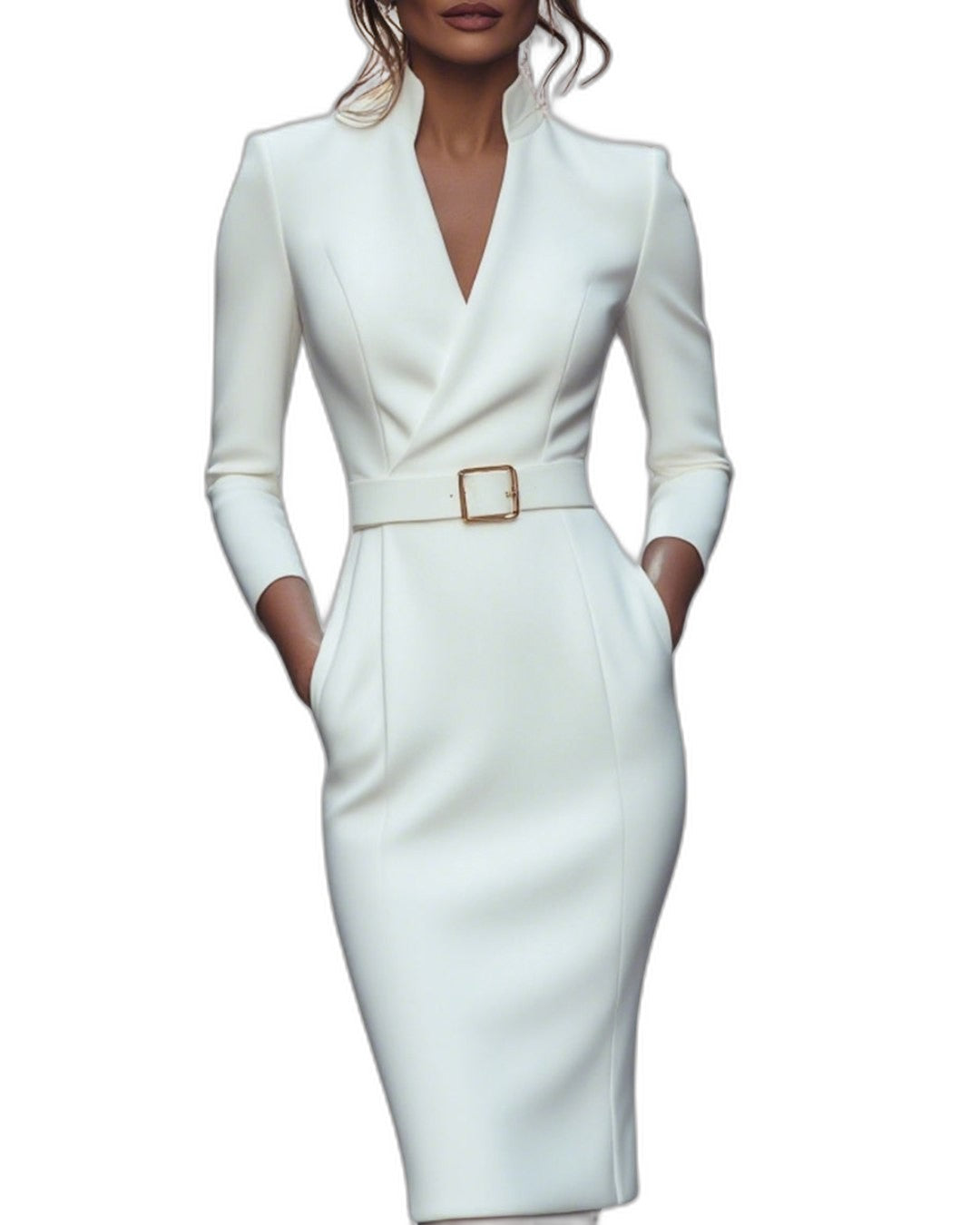 Elegant Navy Midi Dress for Women with V Neck Long Sleeve Bodycon Belted Pockets Office Style