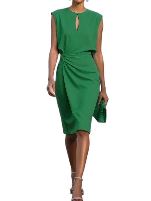 Elegant Navy Midi Dress for Women with V Neck Sleeveless Bodycon Ruched Cocktail Style