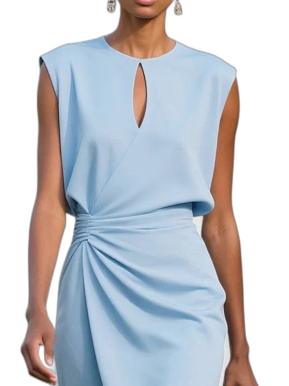 Elegant Navy Midi Dress for Women with V Neck Sleeveless Bodycon Ruched Cocktail Style
