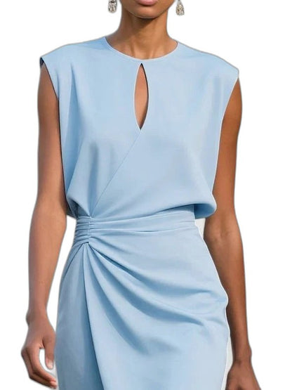 Elegant Navy Midi Dress for Women with V Neck Sleeveless Bodycon Ruched Cocktail Style
