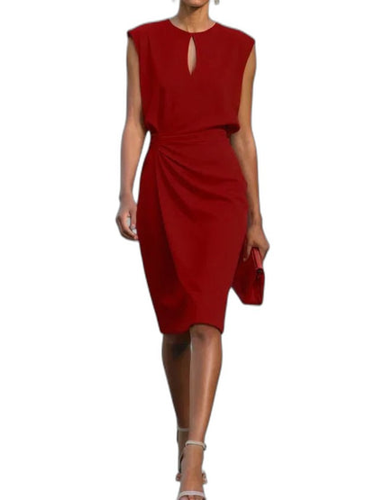 Elegant Navy Midi Dress for Women with V Neck Sleeveless Bodycon Ruched Cocktail Style