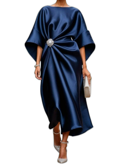 Elegant Navy Satin Midi Dress for Women with Boat Neck Short Sleeve Ruched Flowing Cocktail Style