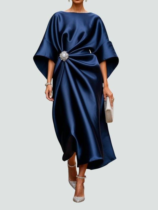 Elegant Navy Satin Midi Dress for Women with Boat Neck Short Sleeve Ruched Flowing Cocktail Style