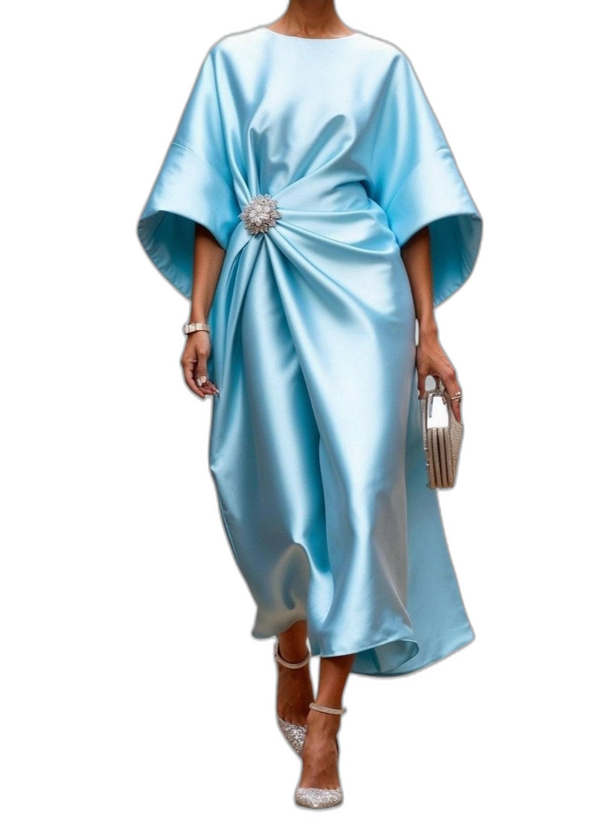Elegant Navy Satin Midi Dress for Women with Boat Neck Short Sleeve Ruched Flowing Cocktail Style