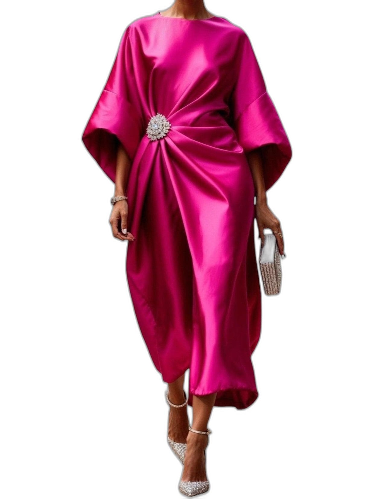 Elegant Navy Satin Midi Dress for Women with Boat Neck Short Sleeve Ruched Flowing Cocktail Style