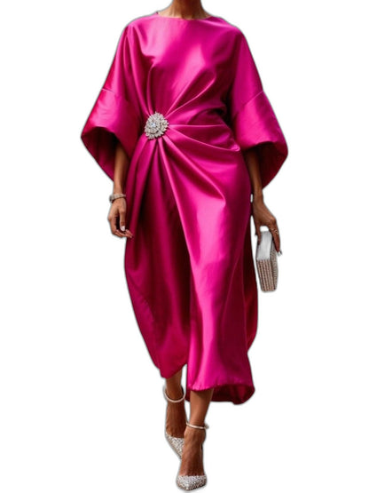 Elegant Navy Satin Midi Dress for Women with Boat Neck Short Sleeve Ruched Flowing Cocktail Style