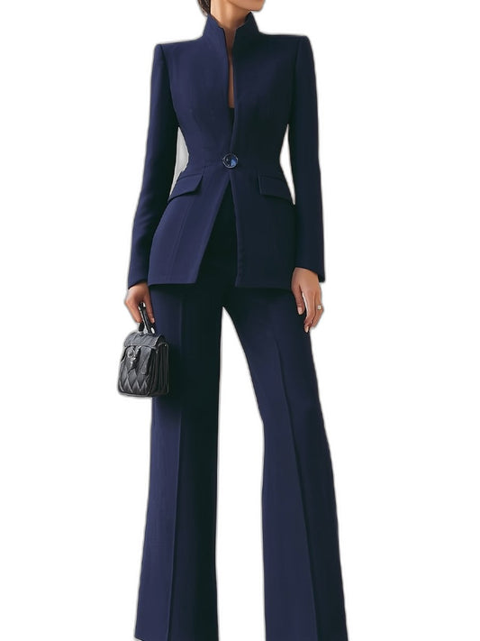Elegant Navy Two Piece Set for Women with Button Front Wide Leg Formal Style