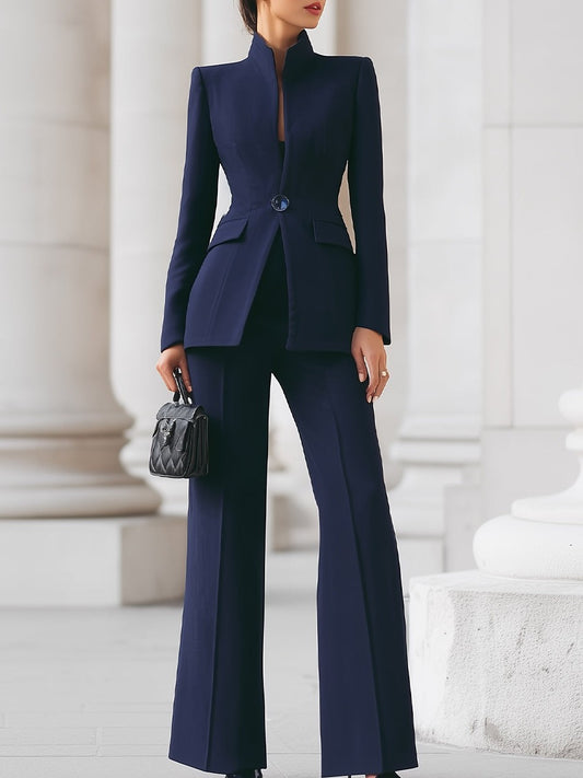 Elegant Navy Two Piece Set for Women with Button Front Wide Leg Formal Style