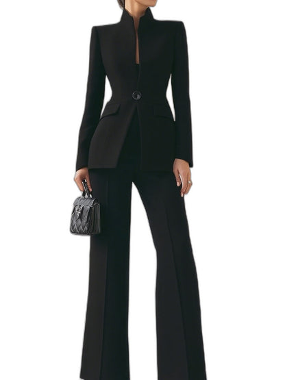 Elegant Navy Two Piece Set for Women with Button Front Wide Leg Formal Style