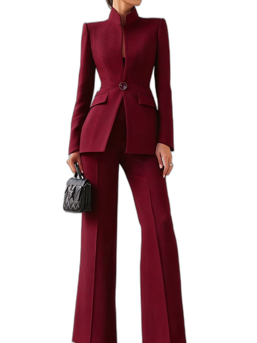 Elegant Navy Two Piece Set for Women with Button Front Wide Leg Formal Style