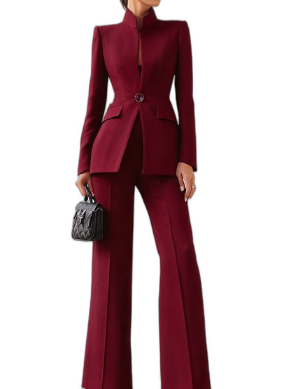 Elegant Navy Two Piece Set for Women with Button Front Wide Leg Formal Style