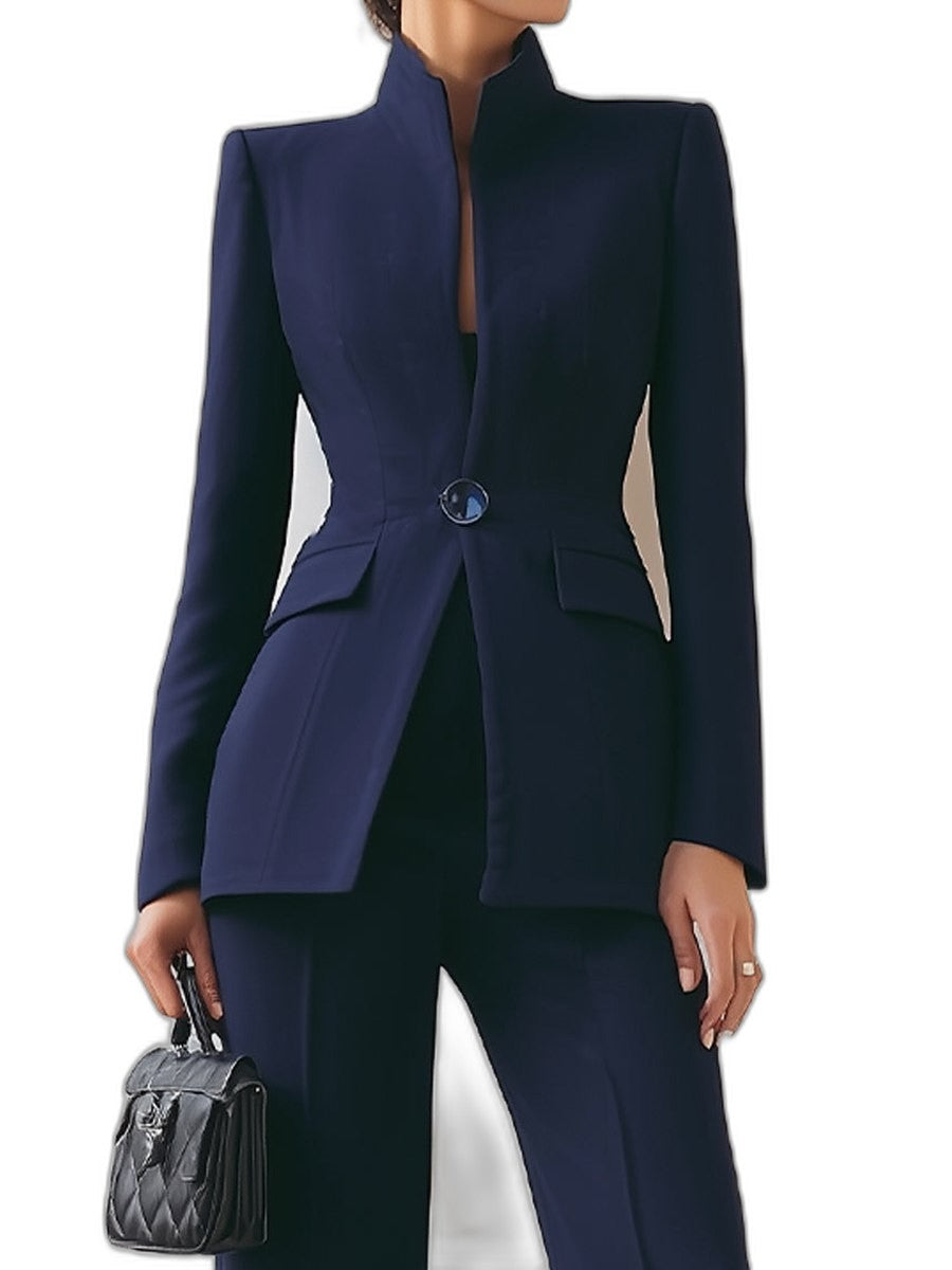 Elegant Navy Two Piece Set for Women with Button Front Wide Leg Formal Style