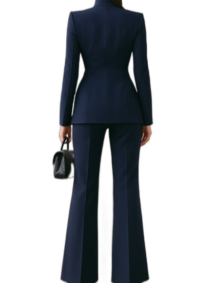 Elegant Navy Two Piece Set for Women with Button Front Wide Leg Formal Style