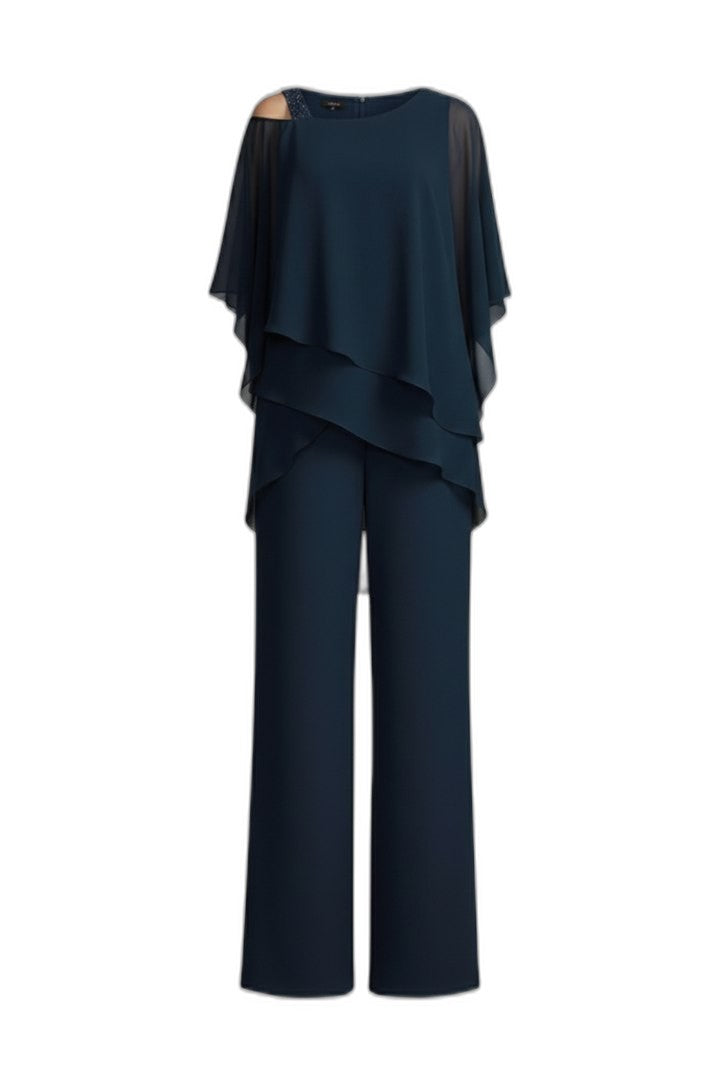 Elegant Navy Two Piece Set for Women with Ruffle Wide Leg Flowing Cocktail Style
