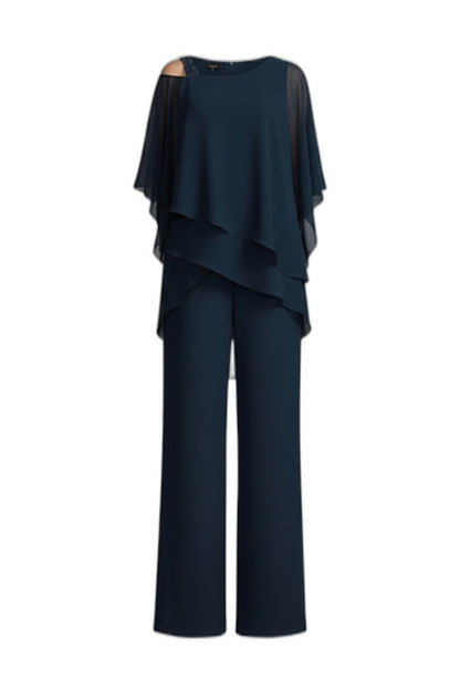 Elegant Navy Two Piece Set for Women with Ruffle Wide Leg Flowing Cocktail Style