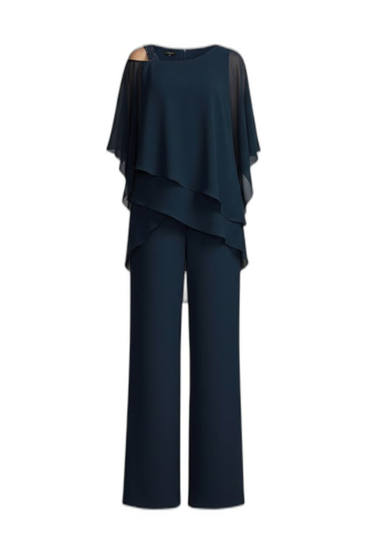 Elegant Navy Two Piece Set for Women with Ruffle Wide Leg Flowing Cocktail Style