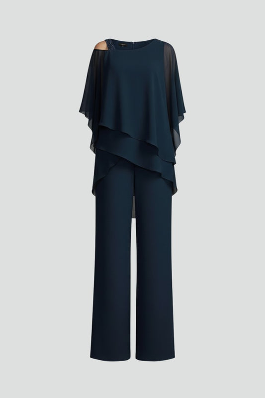 Elegant Navy Two Piece Set for Women with Ruffle Wide Leg Flowing Cocktail Style