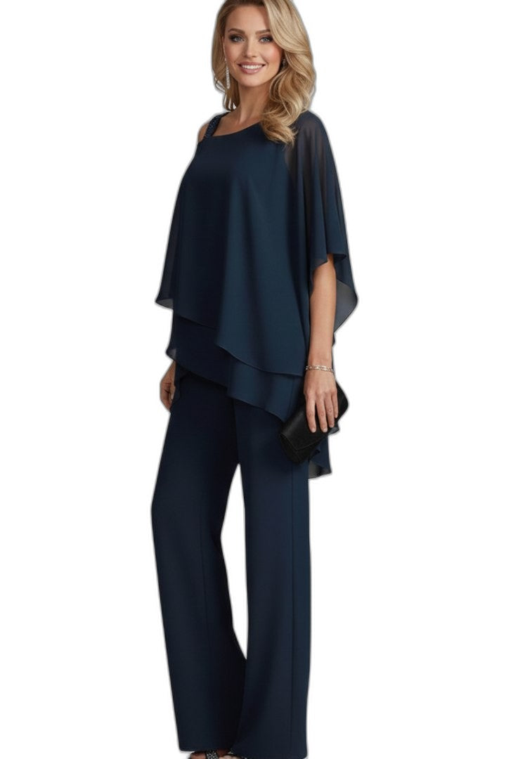 Elegant Navy Two Piece Set for Women with Ruffle Wide Leg Flowing Cocktail Style