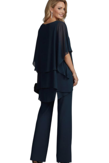 Elegant Navy Two Piece Set for Women with Ruffle Wide Leg Flowing Cocktail Style