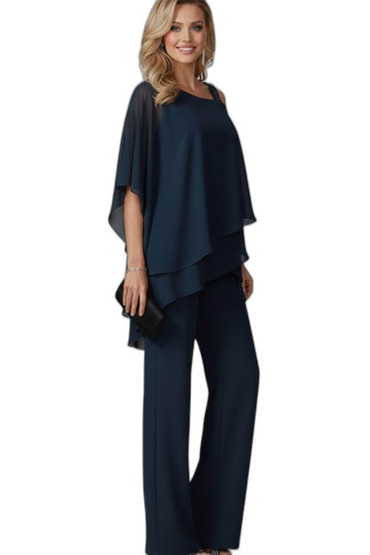 Elegant Navy Two Piece Set for Women with Ruffle Wide Leg Flowing Cocktail Style