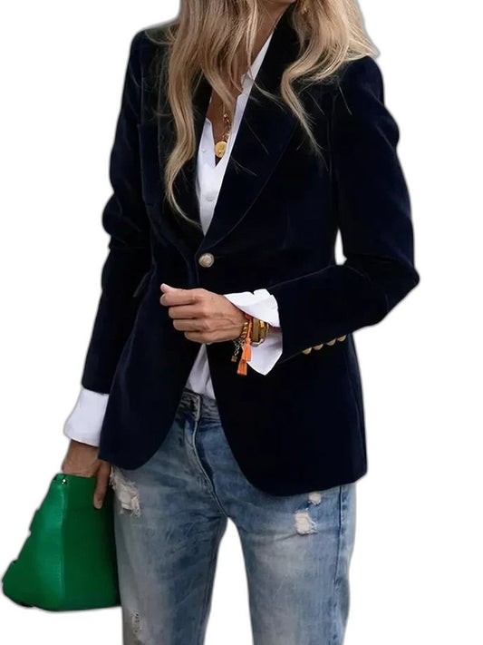 Elegant Navy Velvet Blazer for Women with Collared Long Sleeve Button Front Office Style