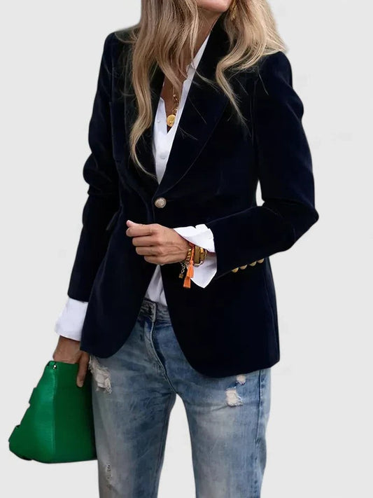 Elegant Navy Velvet Blazer for Women with Collared Long Sleeve Button Front Office Style