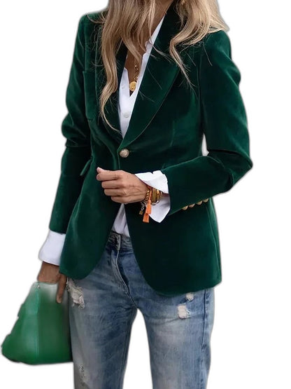 Elegant Navy Velvet Blazer for Women with Collared Long Sleeve Button Front Office Style