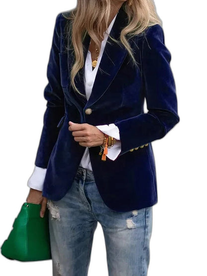 Elegant Navy Velvet Blazer for Women with Collared Long Sleeve Button Front Office Style