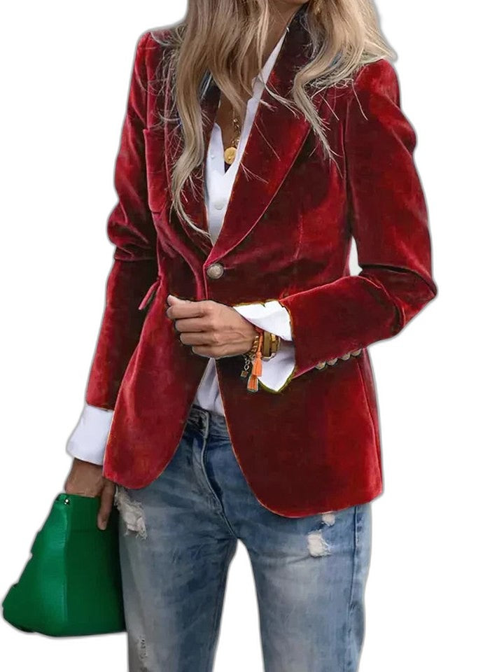 Elegant Navy Velvet Blazer for Women with Collared Long Sleeve Button Front Office Style