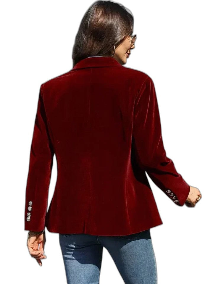 Elegant Navy Velvet Blazer for Women with Collared Long Sleeve Button Front Office Style
