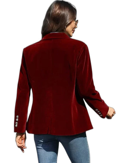 Elegant Navy Velvet Blazer for Women with Collared Long Sleeve Button Front Office Style