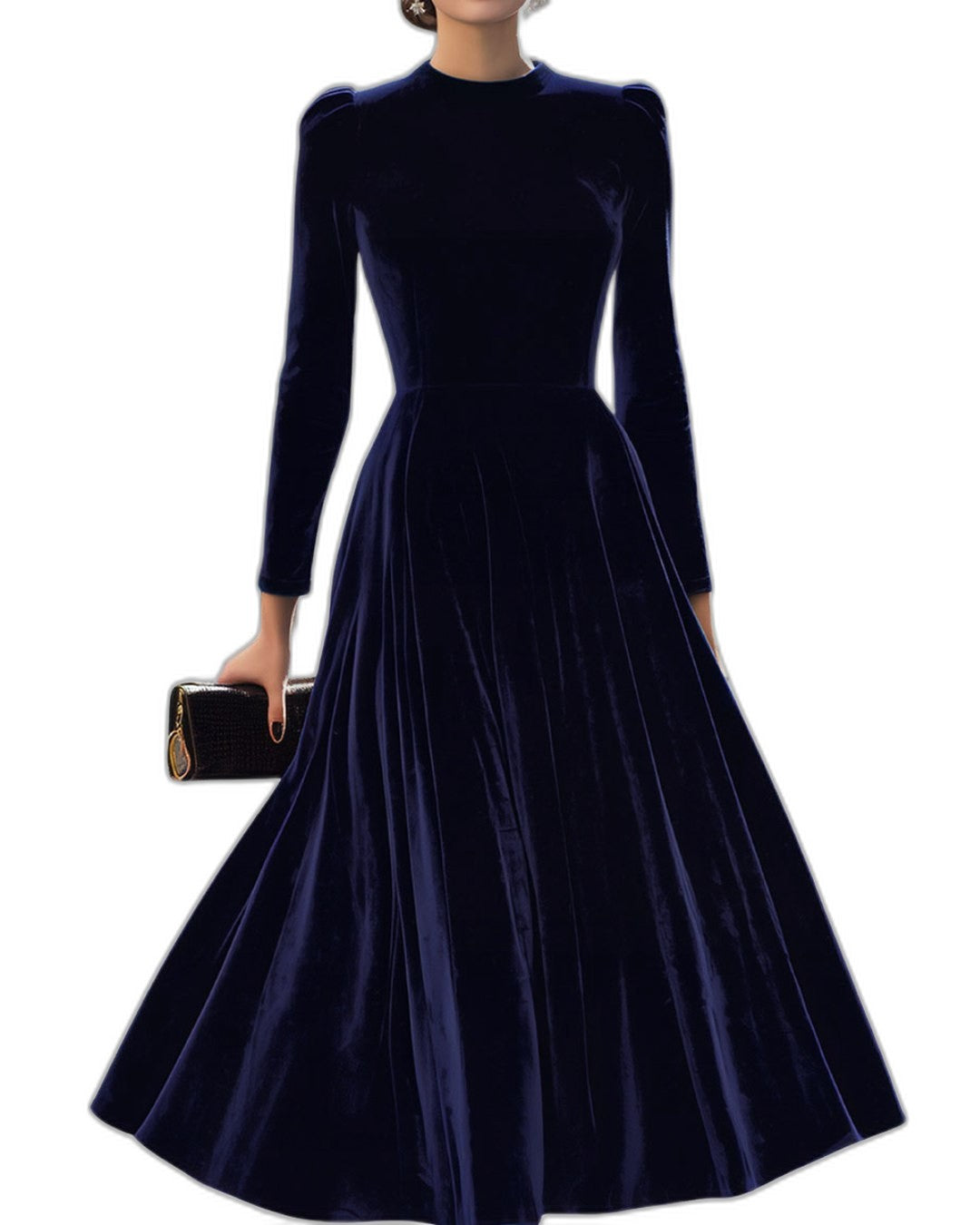 Elegant Navy Velvet Midi Dress for Women with High Neck Long Sleeve Fit And Flare Formal Style