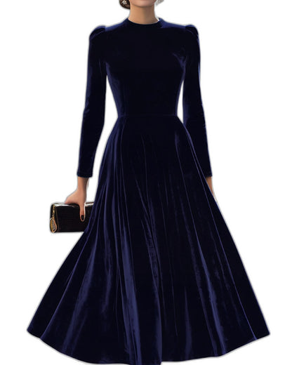 Elegant Navy Velvet Midi Dress for Women with High Neck Long Sleeve Fit And Flare Formal Style