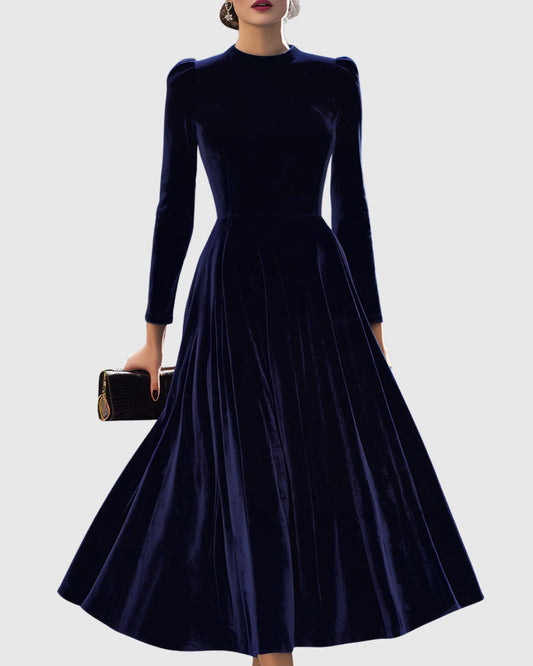 Elegant Navy Velvet Midi Dress for Women with High Neck Long Sleeve Fit And Flare Formal Style