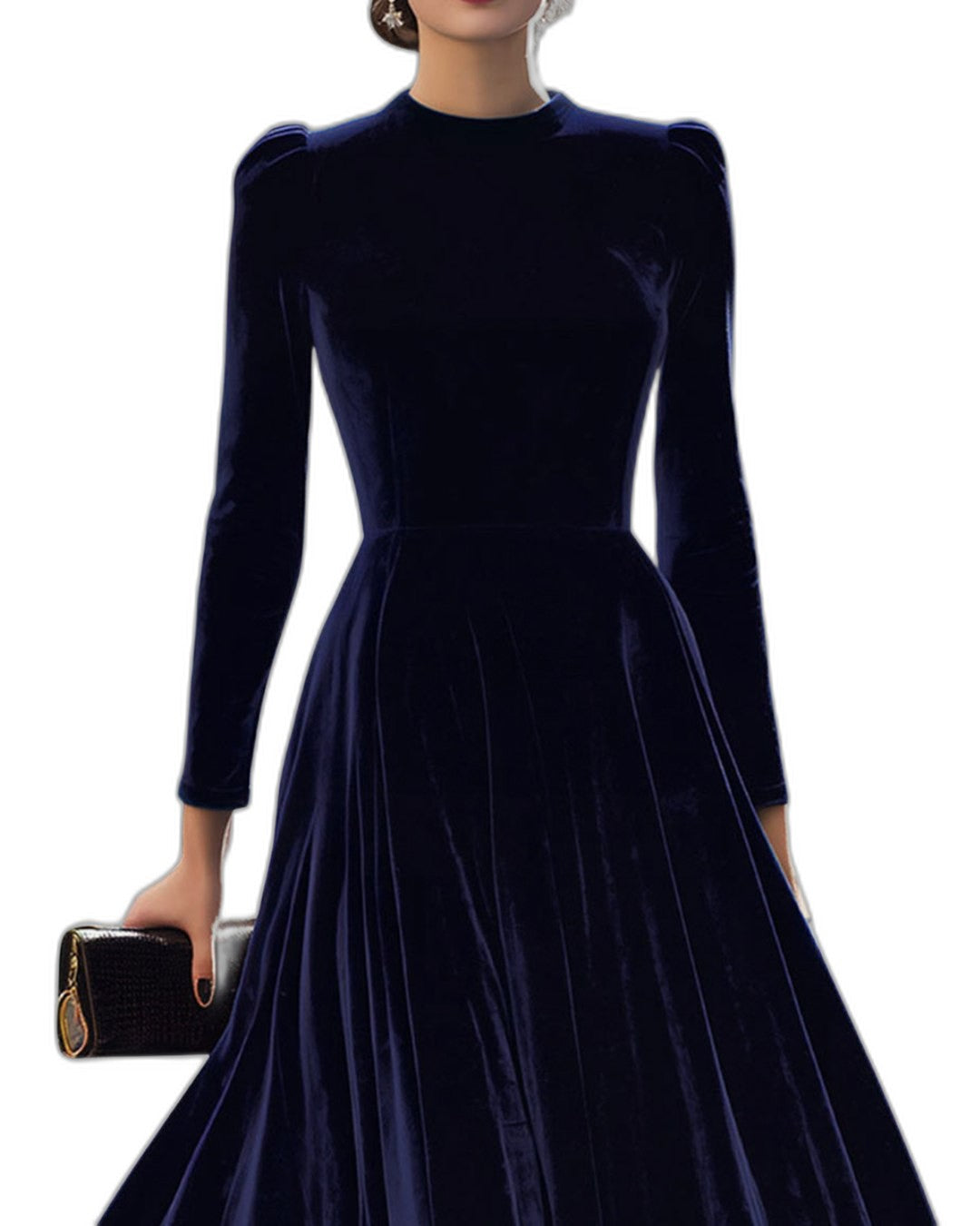 Elegant Navy Velvet Midi Dress for Women with High Neck Long Sleeve Fit And Flare Formal Style