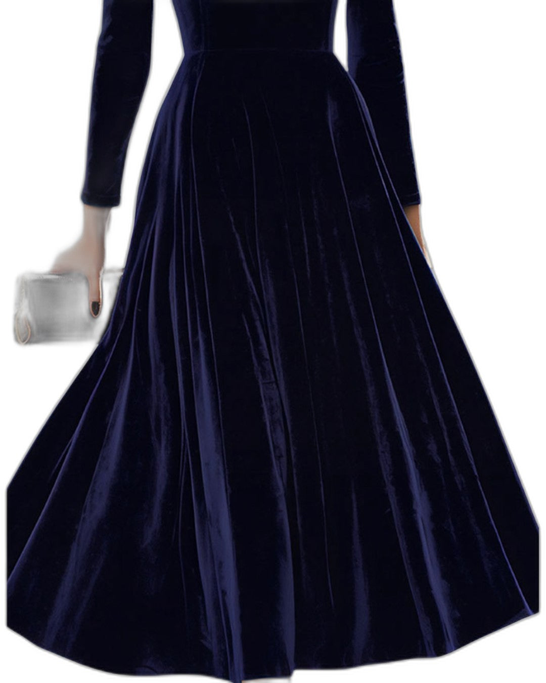 Elegant Navy Velvet Midi Dress for Women with High Neck Long Sleeve Fit And Flare Formal Style