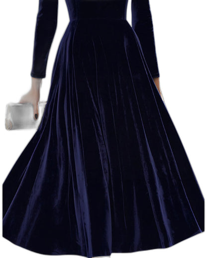 Elegant Navy Velvet Midi Dress for Women with High Neck Long Sleeve Fit And Flare Formal Style