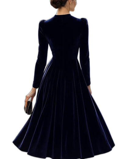 Elegant Navy Velvet Midi Dress for Women with High Neck Long Sleeve Fit And Flare Formal Style