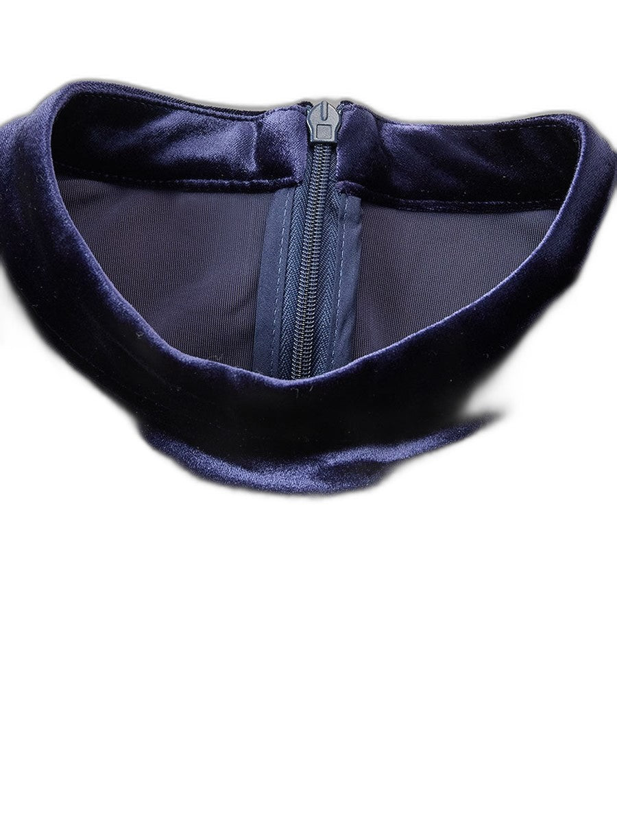 Elegant Navy Velvet Midi Dress for Women with High Neck Long Sleeve Fit And Flare Formal Style