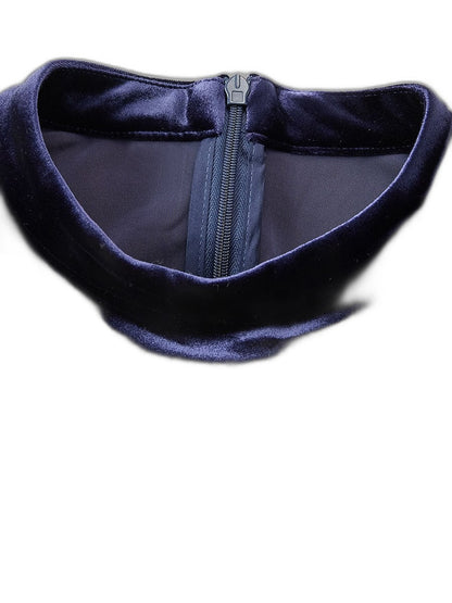 Elegant Navy Velvet Midi Dress for Women with High Neck Long Sleeve Fit And Flare Formal Style