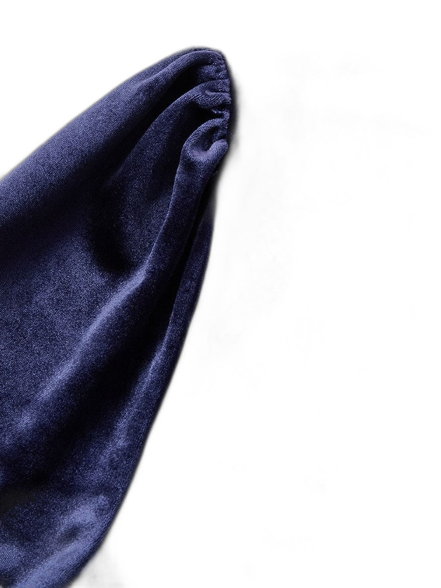 Elegant Navy Velvet Midi Dress for Women with High Neck Long Sleeve Fit And Flare Formal Style