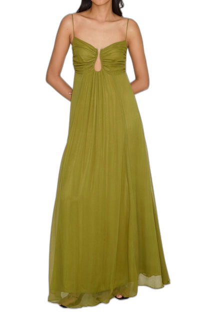 Elegant Olive Chiffon Maxi Dress for Women with Sweetheart Spaghetti Strap Flowing Empire Waist Formal Style