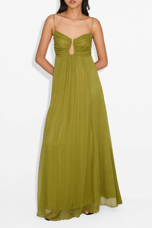 Elegant Olive Chiffon Maxi Dress for Women with Sweetheart Spaghetti Strap Flowing Empire Waist Formal Style