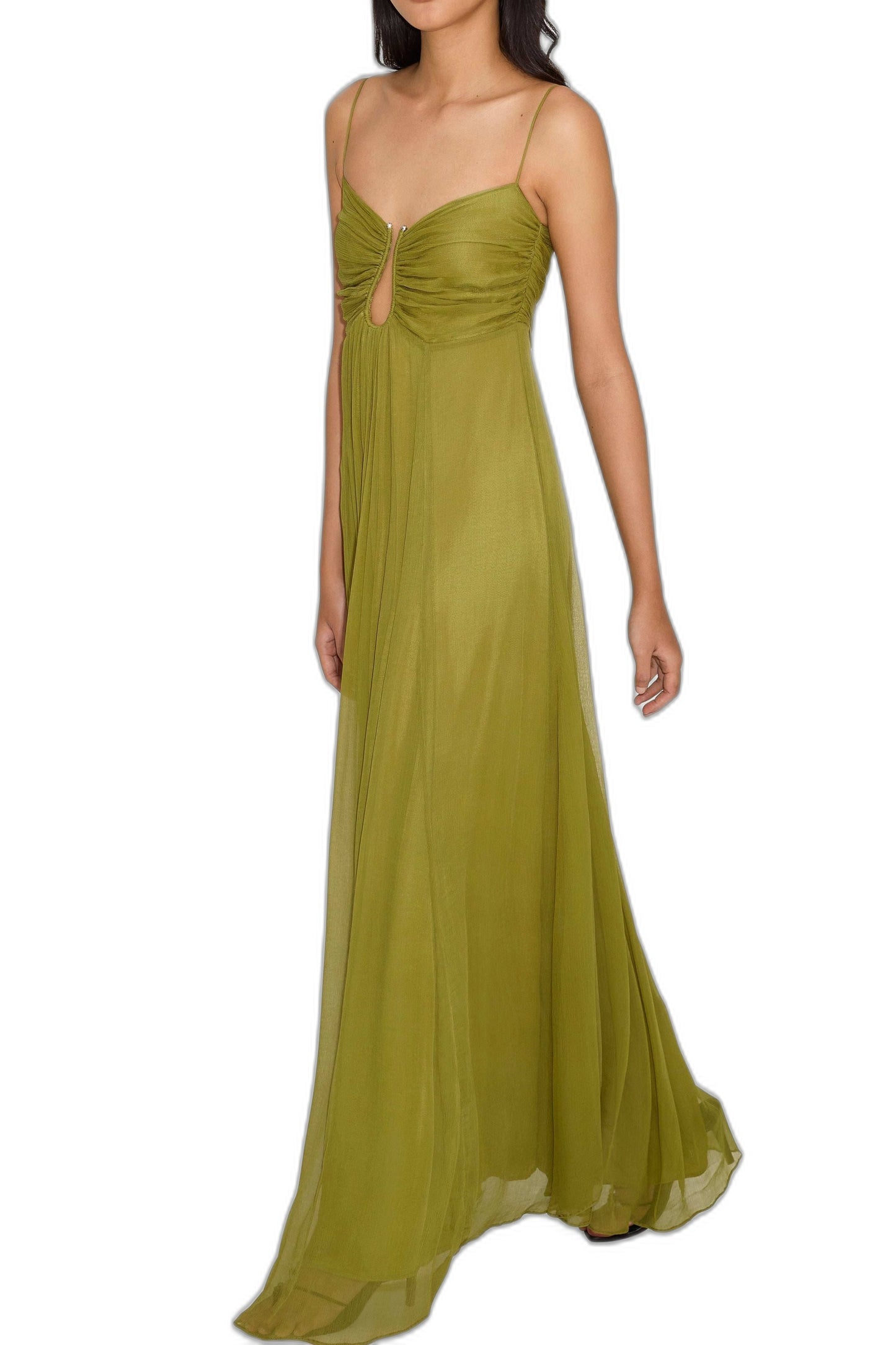 Elegant Olive Chiffon Maxi Dress for Women with Sweetheart Spaghetti Strap Flowing Empire Waist Formal Style